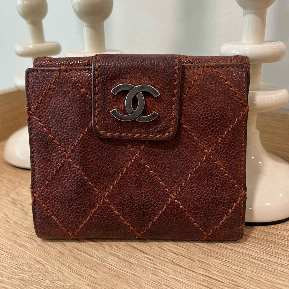 Chanel Quilted Brown Caviar Leather Wallet with Silver CC Logo